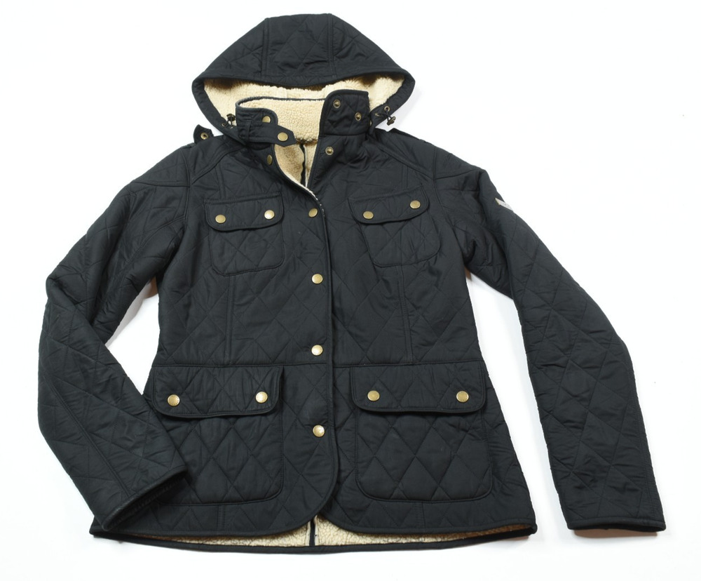 Barbour Clearway Quilted Jacket Womens 6 Black Fleece Lined Full-Zip Hood